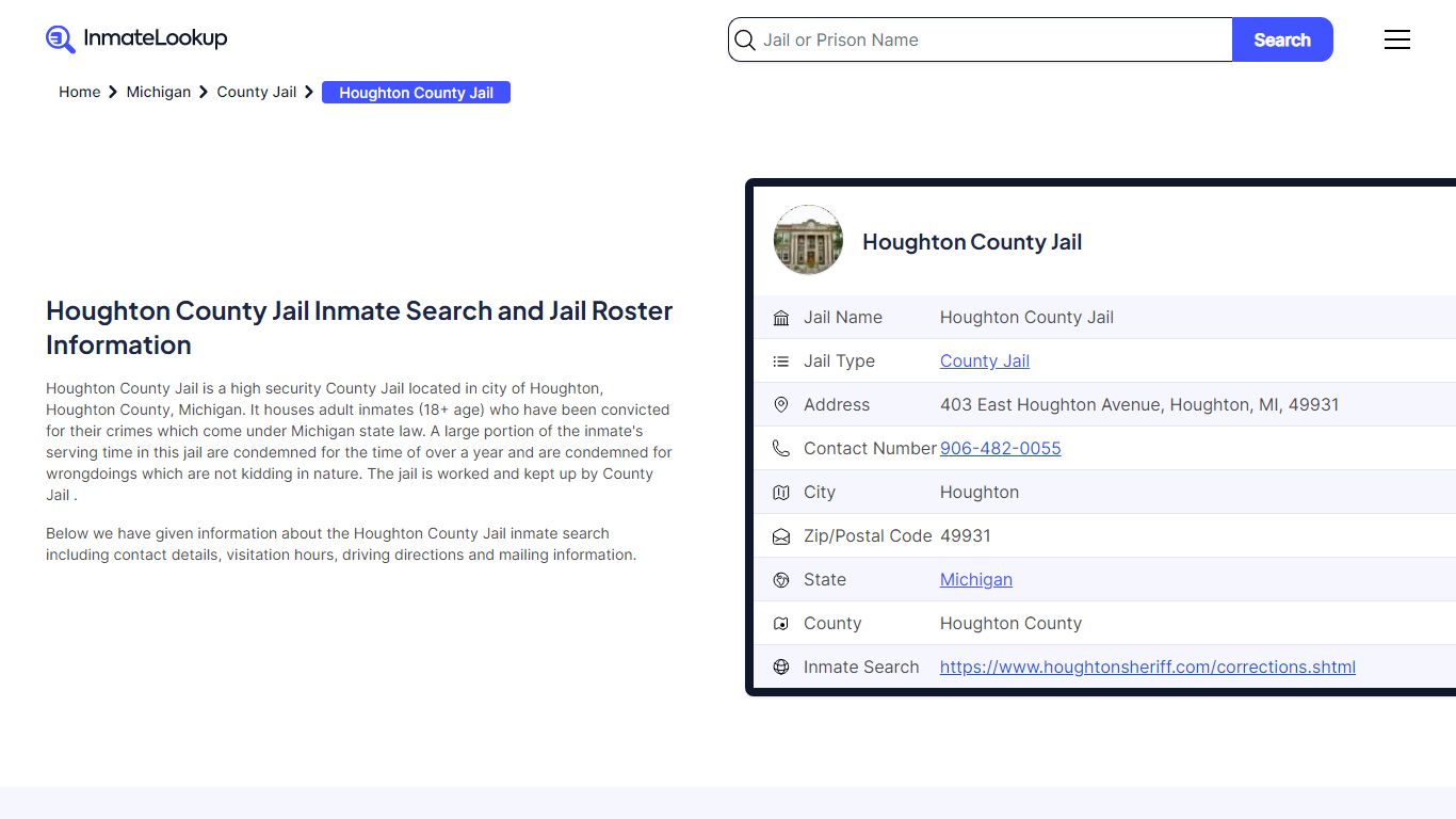 Houghton County Jail Inmate Search and Jail Roster Information